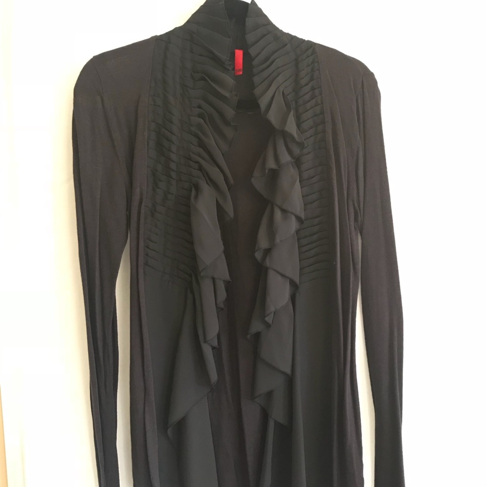 5/48 Grayish black drapey sweater with chiffon ruffled front, NWOT